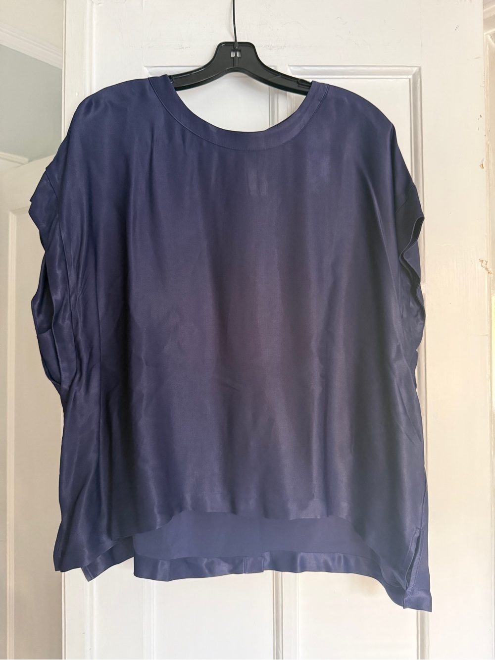 Anthropologie Maeve Buttoned Back Navy Satin Short Sleeve Boxy Top